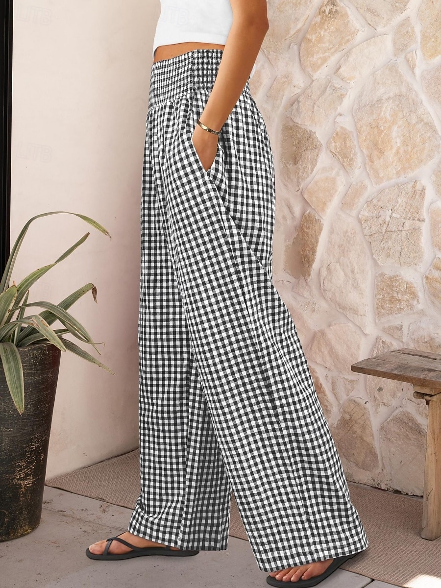 Women's Wide Leg Chinos Vacation Fashion Streetwear Full Length High Waist Plaid Pocket Elastic Waistband Printing Comfy Comfort Soft Stretchy Daily Outdoor Street Blue Black Yellow Pink Spring Fall 2026 - $27.99 –P3