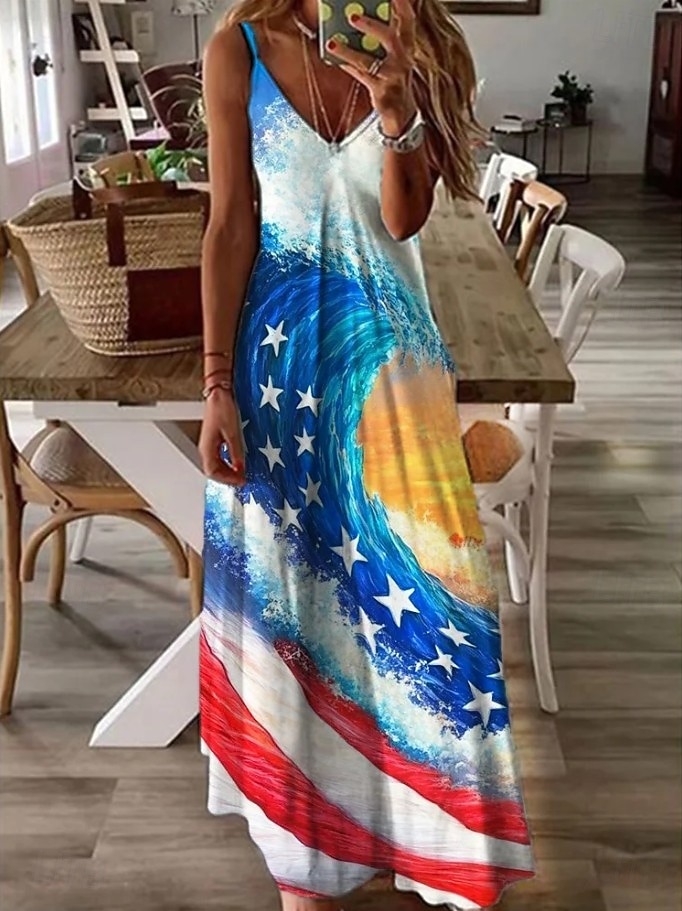 American Independence Day Women's Maxi Dress Slip Dress Party Daily Beach Regular Fit Stars and Stripes Sleeveless V Neck Spaghetti Strap Blue Red Summer Spring 2026 - $36.99 –P2