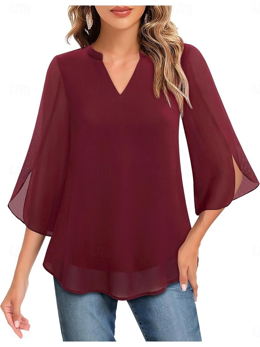 Women's Blouse Solid Color Elegant Stylish Casual 3/4 Length Sleeve V Neck Regular Tops Daily Pink Wine Red Royal Blue Green Summer Spring 2026 - $21.99 –P17