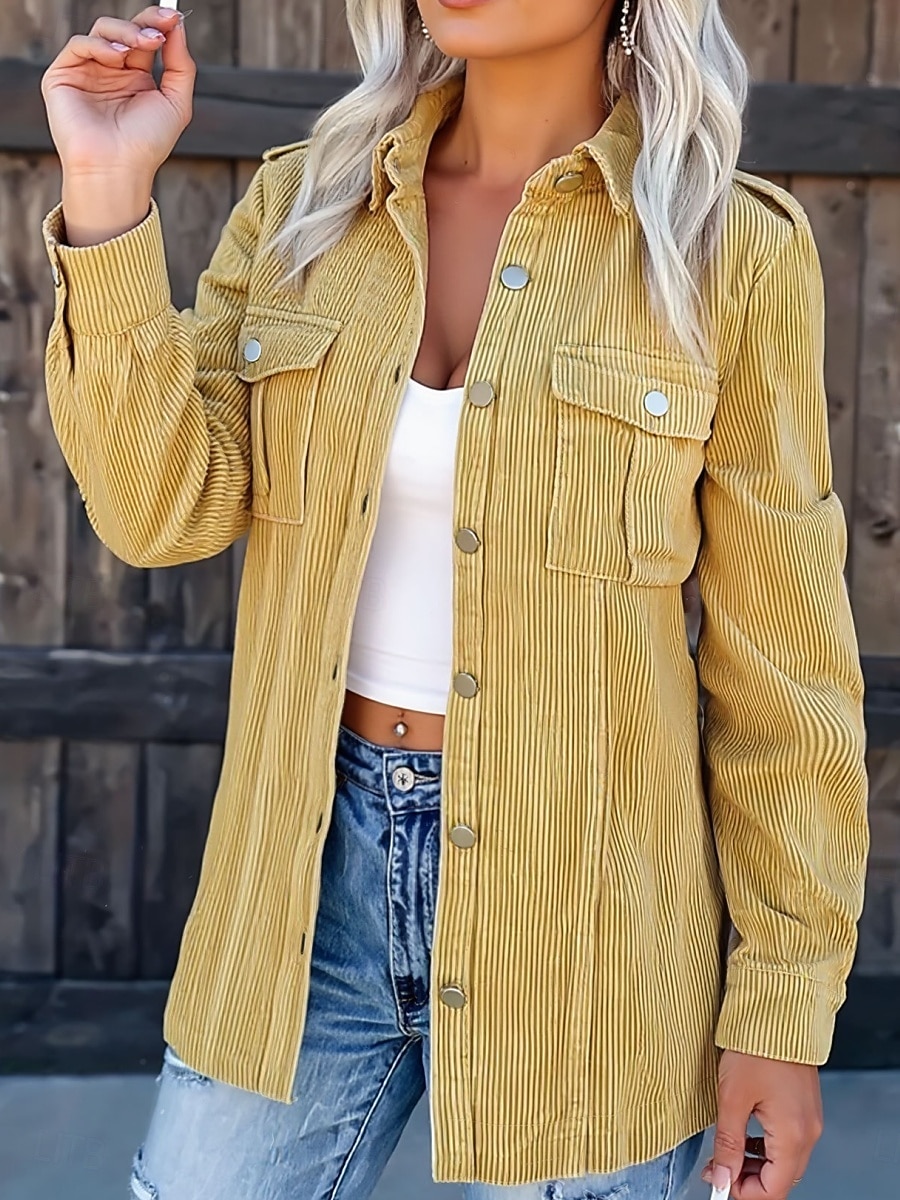Damen Cordjacke Freizeitjacke Bequem Reißverschluss Tasche Knöpfe Vintage Lässig Einfach Outdoor Alltagskleidung Wochenende Regulär Umlegekragen Normale Passform Langarm Oberbekleidung Gelb Frühling 2026 - $29.99 –P2
