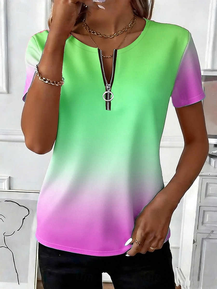 Damen T Shirt Reißverschluss Ombre Grafik Stilvoll Klassisch Lässig Kurzarm Rundhalsausschnitt Lange Oberteile Täglich Sport Wochenende Blau Gelb Rosa Purpur Grün Sommer Frühling 2026 - $21.99 –P3