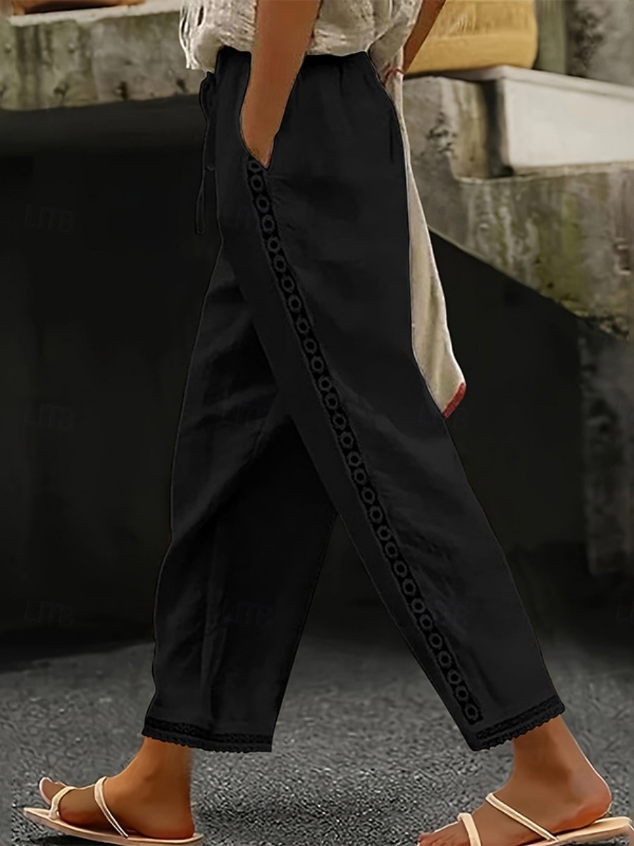 Per donna Pantaloni effetto lino Chinos Pantaloni Estivi Dritto Moda Streetwear Casual Lunghezza intera Vita Alta Semplice Pizzo Tasca Fascia Elastica Comodo Morbido Confortevole Micro-elastico del 2026 a $25.99 –P3