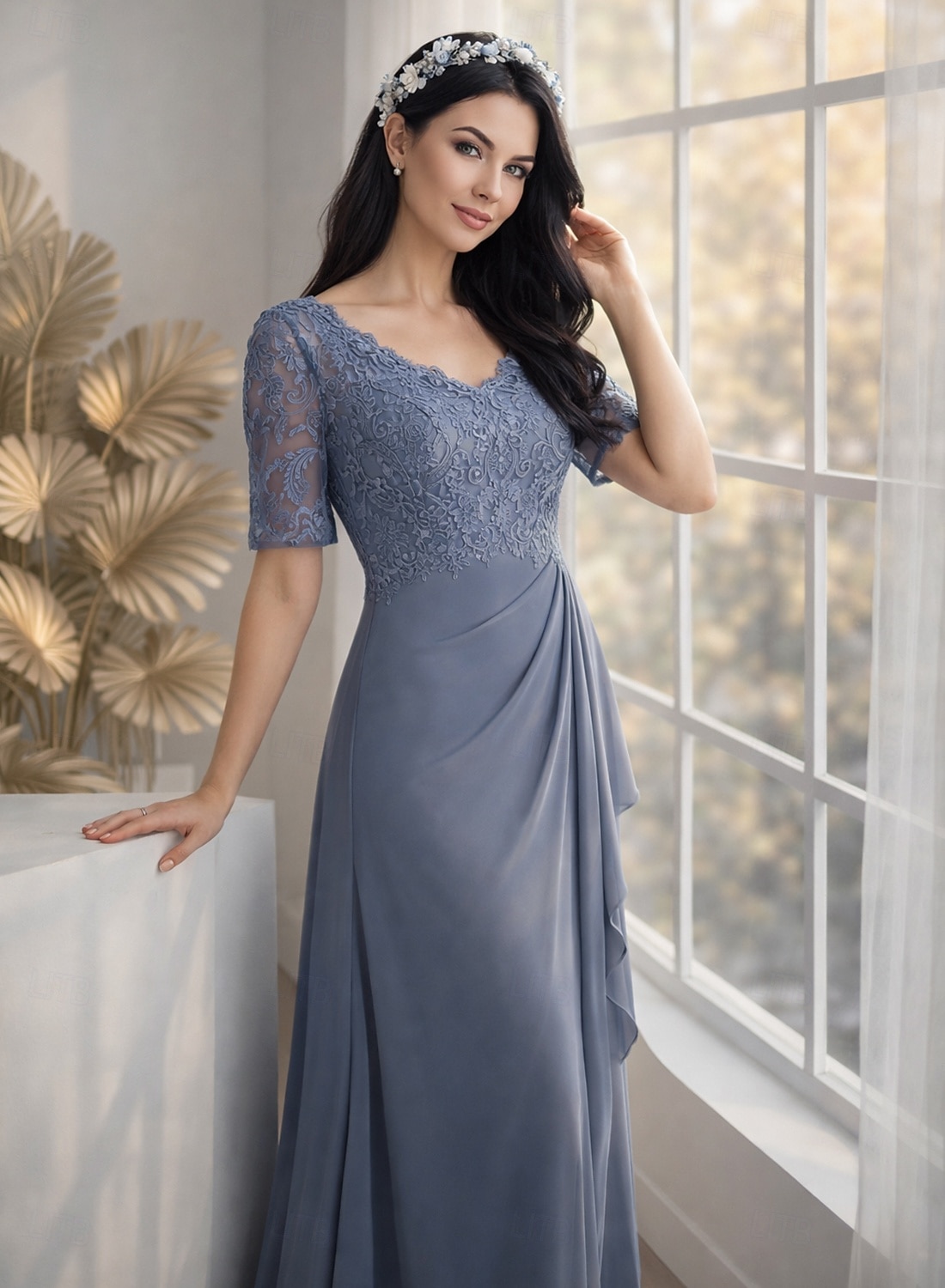 А-силуэт В пол Свадебное платье для гостей Вечернее платье Платье для матери невесты Рукав до локтя V-образный вырез Элегантный стиль Свадебный гость Помолвка Шифон с Плиссировка Аппликации 2026 - $188.99 –P3