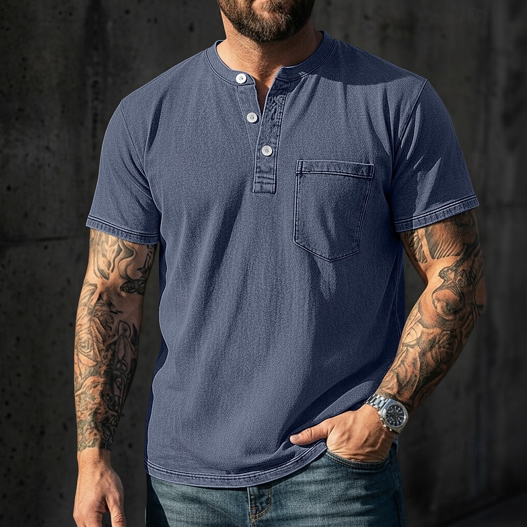 Pánské Tričko Henley Košile ze 100% bavlny Tričko Tričko Krátký rukáv Jednobarevné Retro Na běžné nošení Retro styl Barvení oděvů Vybledlý Henley Ležérní Léto Jaro Podzim Světlá růžová Šedá Tričko 2026 - $31.99 –P7