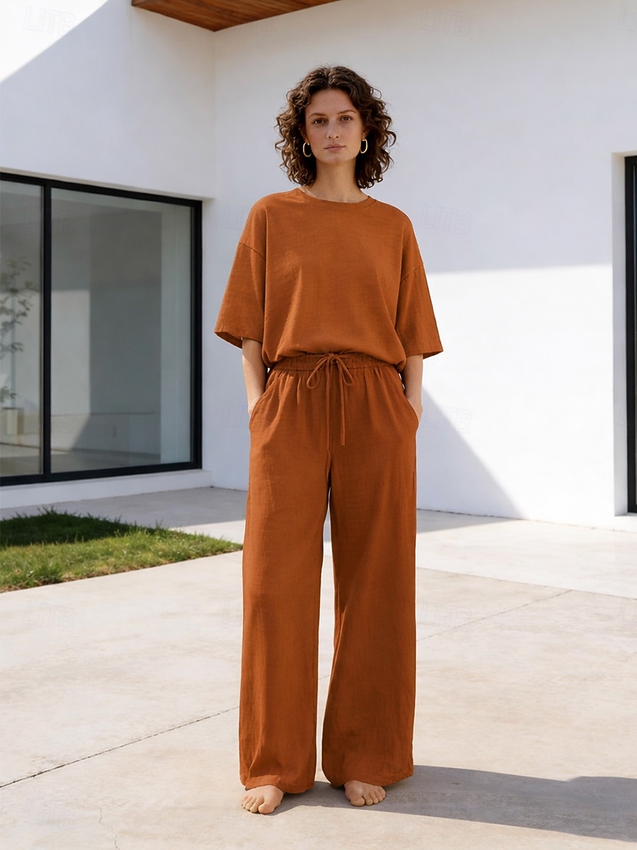 Completo pantaloni da donna in lino al 15%, completo in lino, tinta unita, tasca, elastico in vita, t-shirt, pantalone, casual, a maniche lunghe, girocollo, blu, nero, bianco, blu navy, marrone chiaro, estate, primavera del 2026 a $37.99 –P8