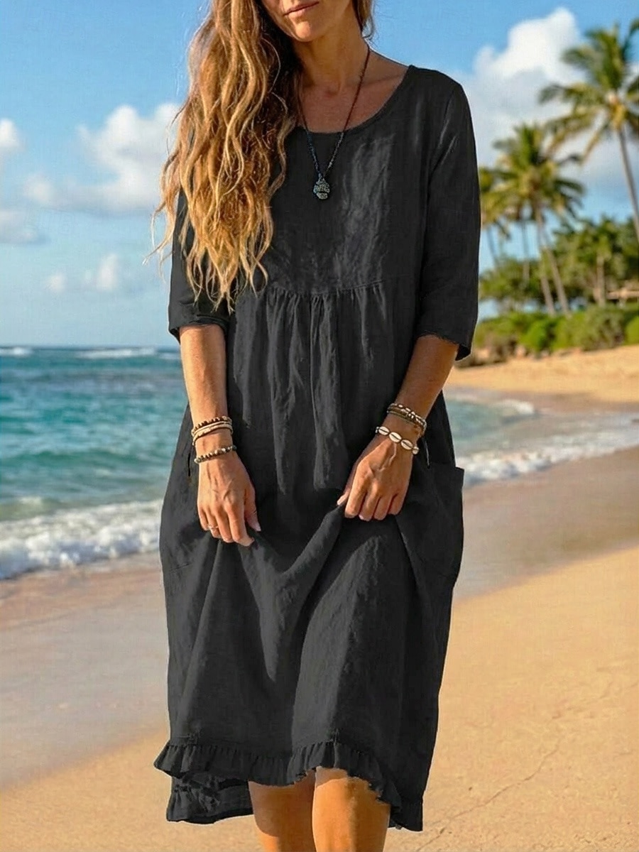 Damen Midikleid Kleider in Leinenoptik Shiftkleid Sommerkleid Strandkleid Urlaub Basic Ferien Wochenende Lässiger Schnitt Einfach Dreiviertelarm Rundhalsausschnitt Blau Schwarz Grün Aprikose Sommer 2026 - $25.99 –P3