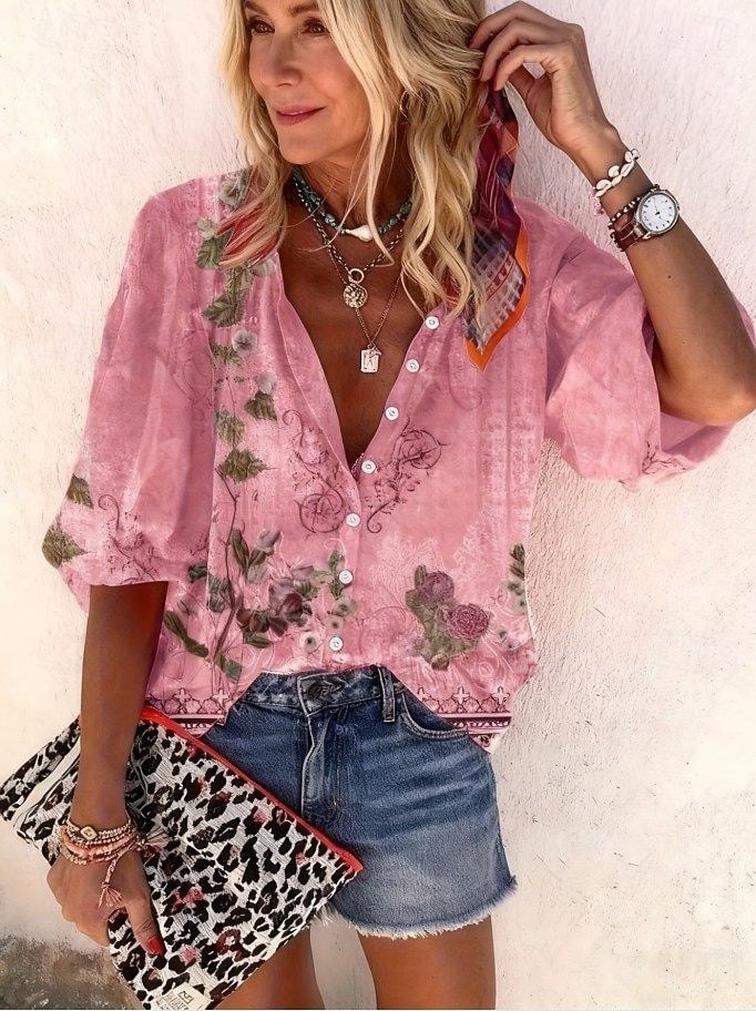 Жен. Рубашка С принтом Омбре Цветочный принт Графика Богемия Винтаж Повседневные Рукав 3/4 V-образный вырез Обычные топы Повседневные Праздники Одежда для пляжа 2026 - $42.99 –P12