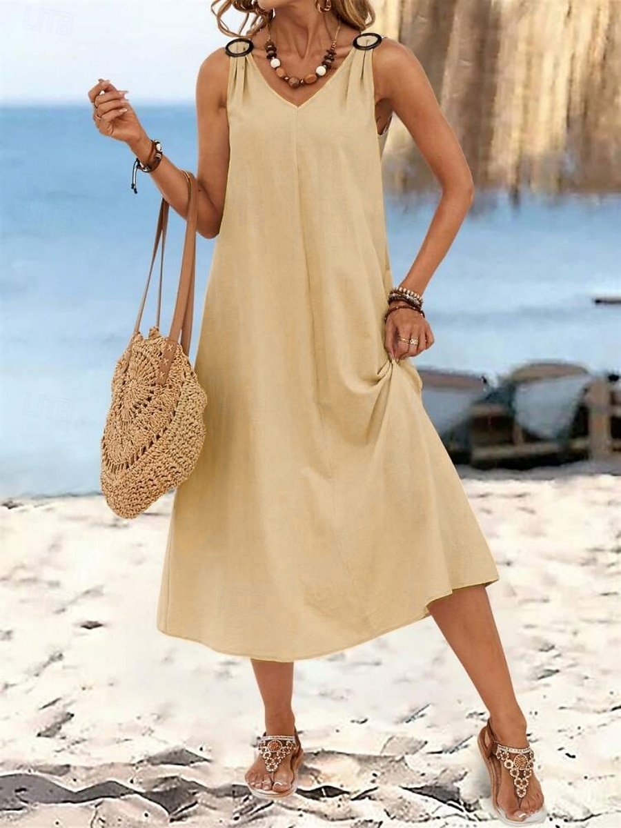 Dames Halflange jurk Hemdjurk Zomerjurk Casual Dagelijks Ruim Passend Effen Mouwloos V-hals Zwart Wijn Beige Zomer 2026 - $32.99 –P3