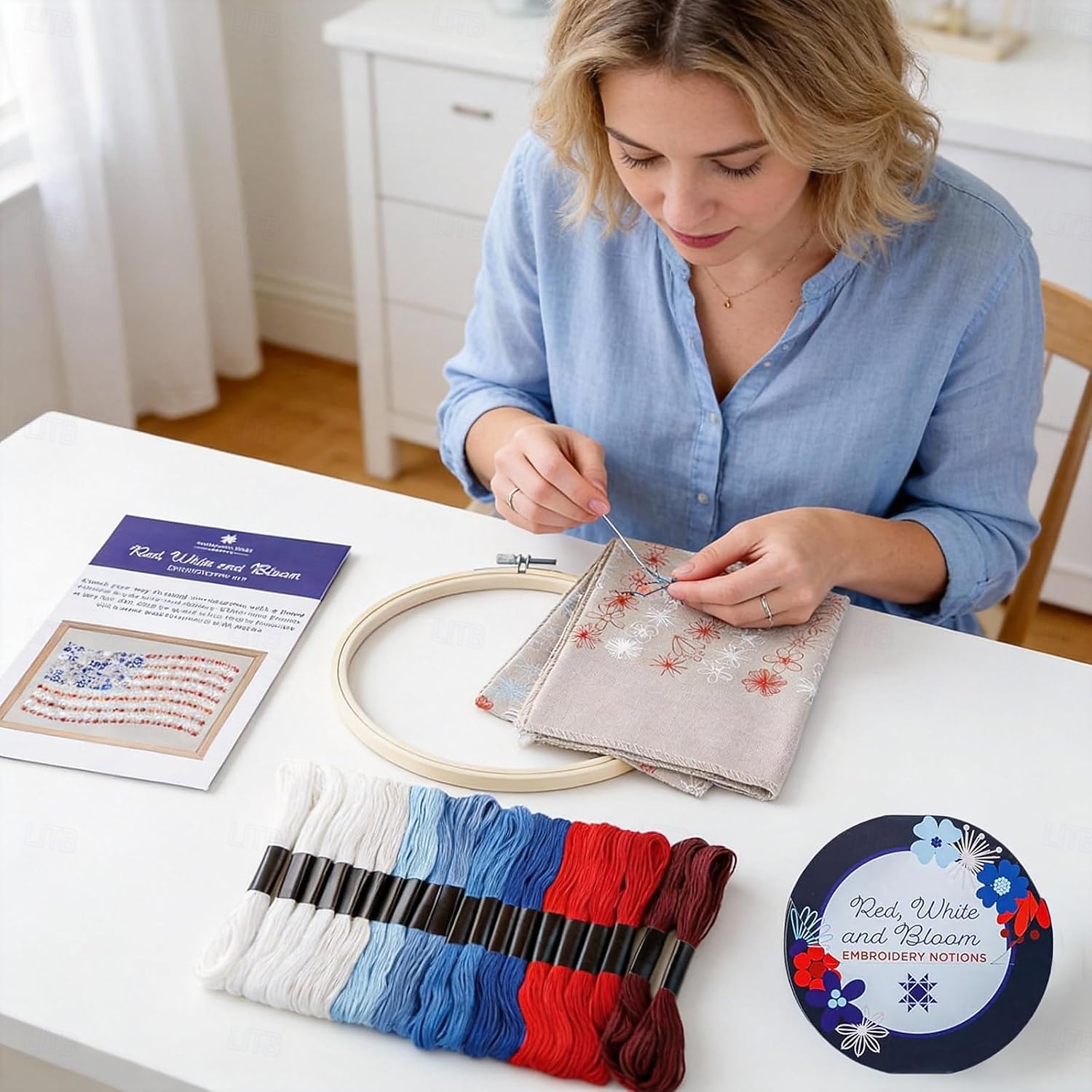 Red, White & Bloom Embroidery Kit, US 250th Anniversary Cross Stitch Kit, Flowers Embroidery Kits, Full Range of Embroidery Starter Kits for Beginners Adults, Gifts for Veterans & Craft Lover 2026 - $27.99 –P8