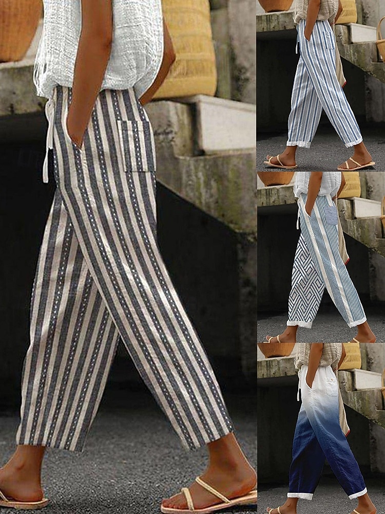 Damen Kunstbaumwollleinen Chinos Gerade Mode Streetwear Lässig Volle Länge Hohe Taille Farbverlauf Gestreift Tasche Elastischer Bund Druck Bequem Weich Mikroelastisch Outdoor Straße Blau Marinenblau 2026 - $24.99 –P1