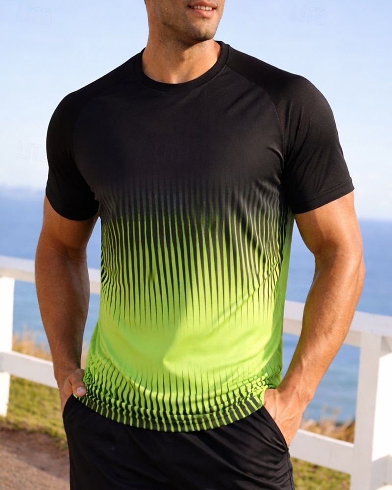 Муж. Градиент Полоски Футболка для бега Компрессионная футболка Спортивная рубашка Спортивный топ Лето С короткими рукавами Быстровысыхающий Влагоотводящие Дышащий 2026 - $15.49 –P1