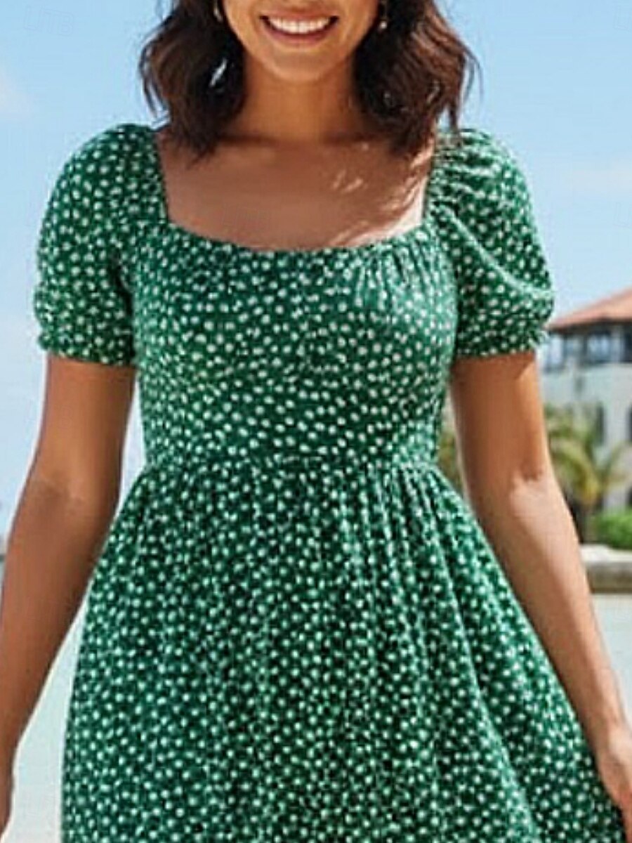 Damen Midikleid A Linie Kleid Urlaub Lässig Outdoor Ausgehen Standard Passform Blumen Kurzarm Quadrathals Grün Sommer Frühling 2026 - $22.99 –P3