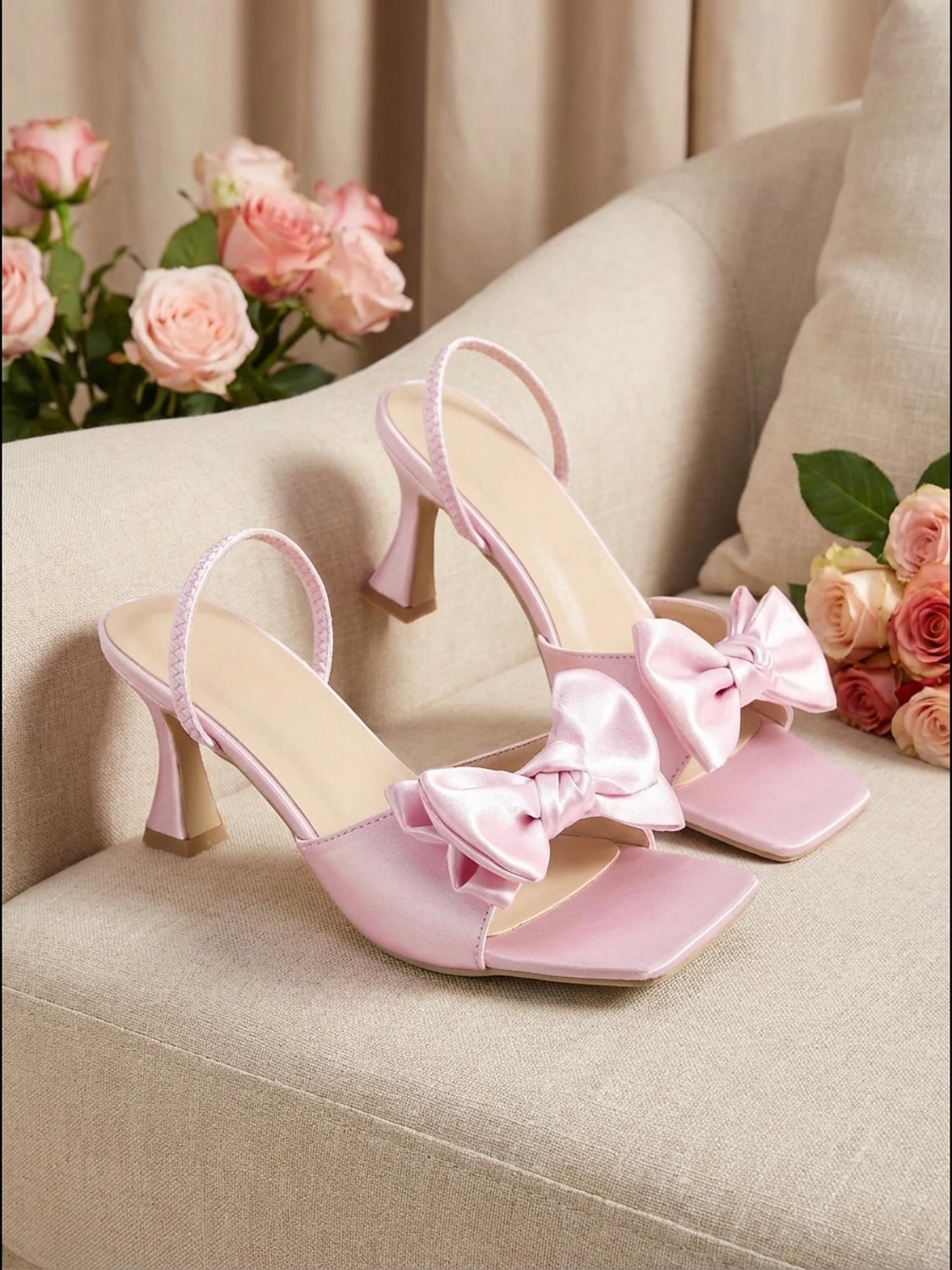 Elegante, rosafarbene Slingback-Pumps mit Schleife aus Satin und eckiger Spitze, mittelhoher Absatz, ideal für Hochzeitsgäste und den Garten. &Rasenzeremonien 2026 - $32.99 –P1