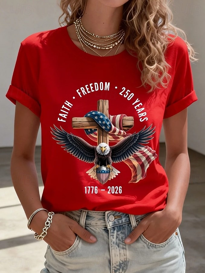 2026年 アメリカ独立記念日 女性用 Tシャツ プリント グラフィック アメリカの国旗 ヴィンテージ スタイリッシュ クラシック 半袖 クルーネック レギュラートップス 日常 週末 ブルー ブラック ホワイト ルビーレッド 夏 春 秋  コレクション – $22.99 –P1