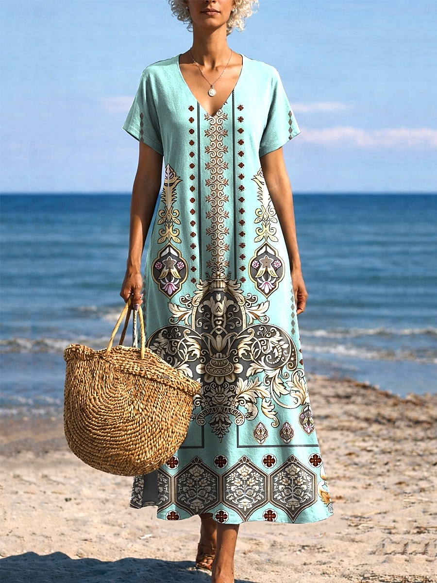 Femmes Robe Midi Robe d'Été Robe trapèze Vacances Occasionnel Boho Papillon Plage Coupe régulière Graphique Tribal Manche Courte Col Rond Bleu Bleu Ciel Or noir Noir Été Printemps de 2026 ? $27.99 –P7