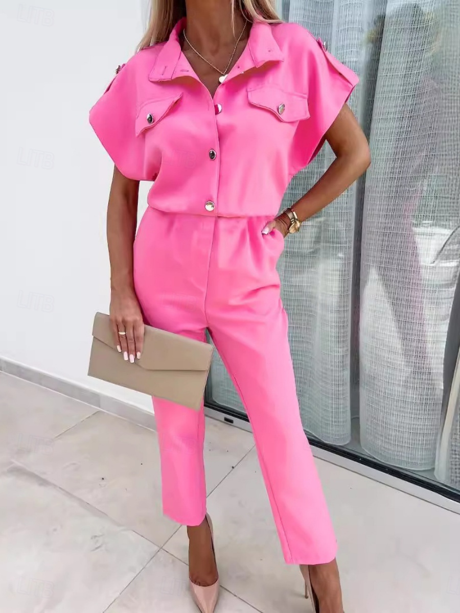 Femmes Normal Combinaison Actif Couleur Unie Manche Courte Col de chemise Boutons Quotidien Vacances Coupe régulière Noir Fuchsia Orange Été de 2026 ? $39.99 –P2
