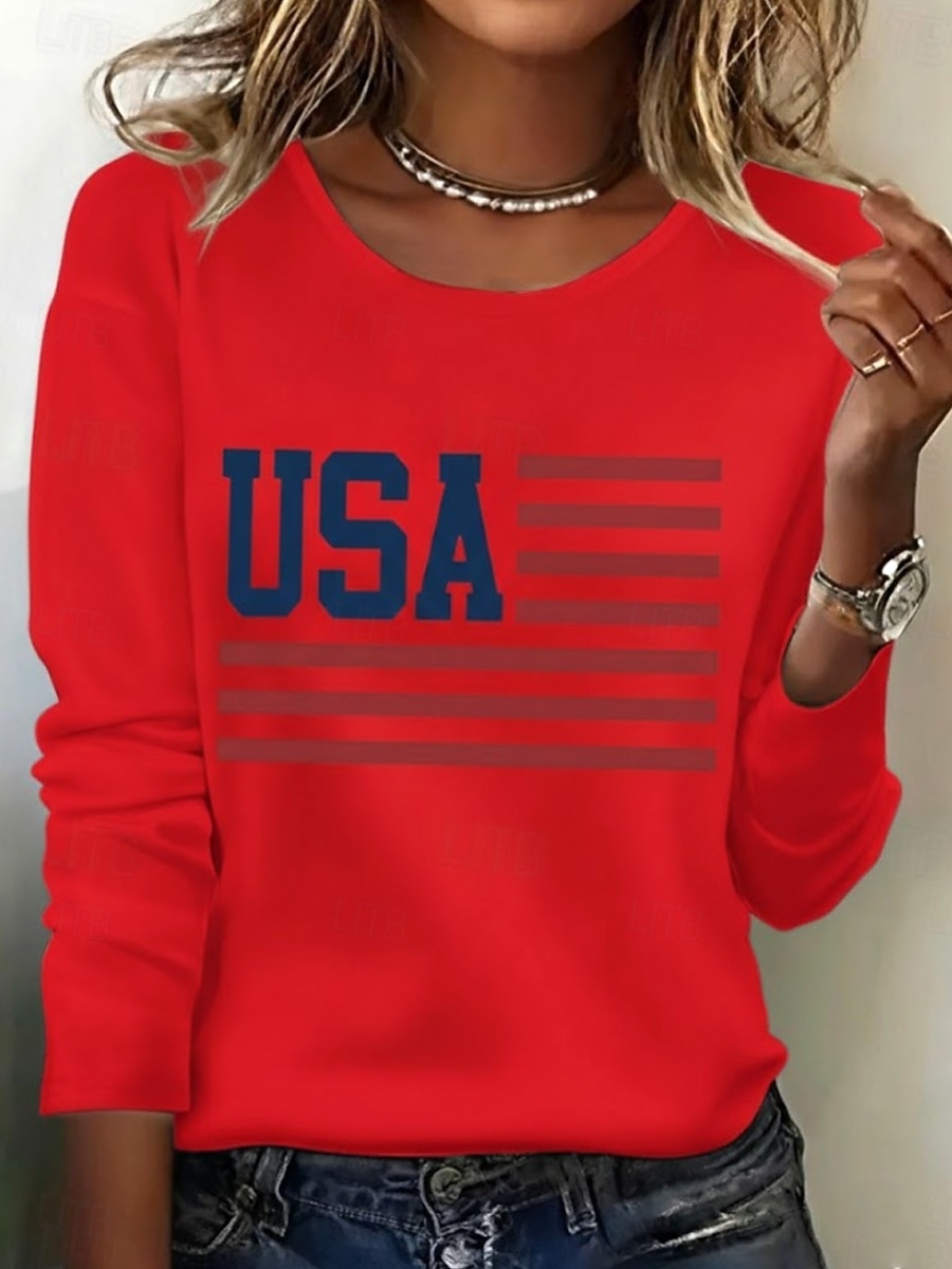 Ημέρα Ανεξαρτησίας Πατριωτικό Γυναικείο T-Shirt Εκτύπωση Γραφικό Σημαία Αμερικανικής Σημαίας Μοδάτο Κλασικό Καθημερινό Μακριά Μανίκια Crew Neck Κανονικά Tops Καθημερινό Μπλε Μαύρο Λευκό Κόκκινο 2026 - $24.99 –P5