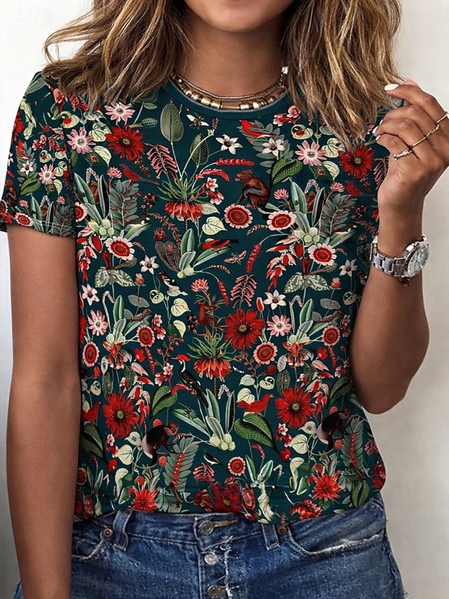 Per donna Maglietta Stampato Floreale Grafico Paisley Bohemien Vintage Elegante Manica Corta Girocollo Scollo a V Top lunghi Quotidiano Uscire Weekend Blu Nero Verde chiaro Viola Verde Estate del 2026 a $7.99 –P11
