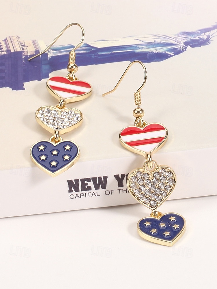Orecchini pendenti patriottici in lega per donne per il 250° anniversario degli Stati Uniti stili multipli della bandiera USA e cuori gioielli dichiarativi rossi bianchi e blu per feste e festival del 2026 a $7.99 –P15