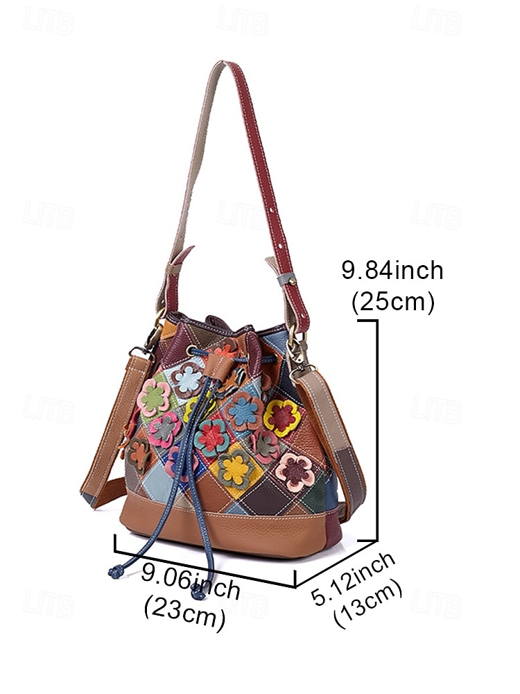 Women's Bohemian Leather Bucket Bag, Multicolored Floral Design, Versatile Wear, Adjustable Shoulder Straps, Perfect for Casual Daily Use 2026 - $54.99 –P14