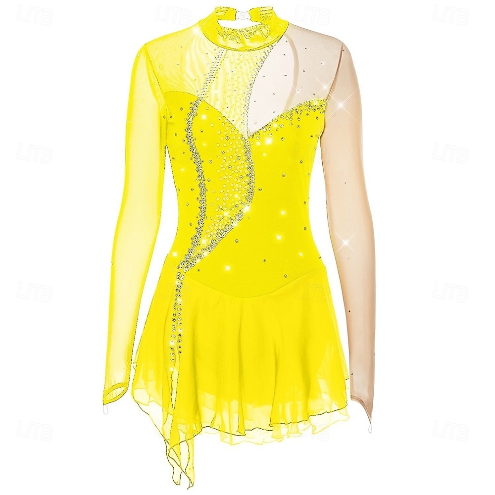 Figure Skating Dress Girls' Ice Skating Dress Violet Black Yellow Patchwork Open Back High Elasticity Training Competition Skating Wear Classic Crystal / Rhinestone Long Sleeve Ice Skating Figure 2026 - $204.69 –P7