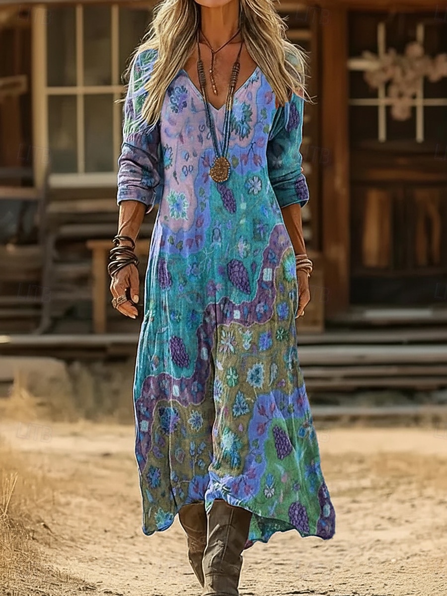 Mujer Vestido largo maxi Vestido bohemio Vestido vintage Vestido informal Vintage Diario Exterior Vacaciones Ajuste regular Floral Manga Larga Escote en Pico Azul Piscina Morado Verde Trébol Gris 2026 - $37.99 –P3