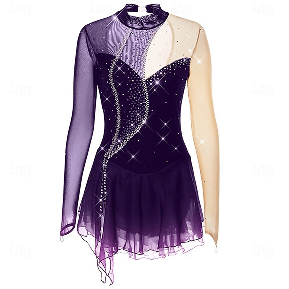 Figure Skating Dress Girls' Ice Skating Dress Violet Black Yellow Patchwork Open Back High Elasticity Training Competition Skating Wear Classic Crystal / Rhinestone Long Sleeve Ice Skating Figure 2026 - $204.69 –P4