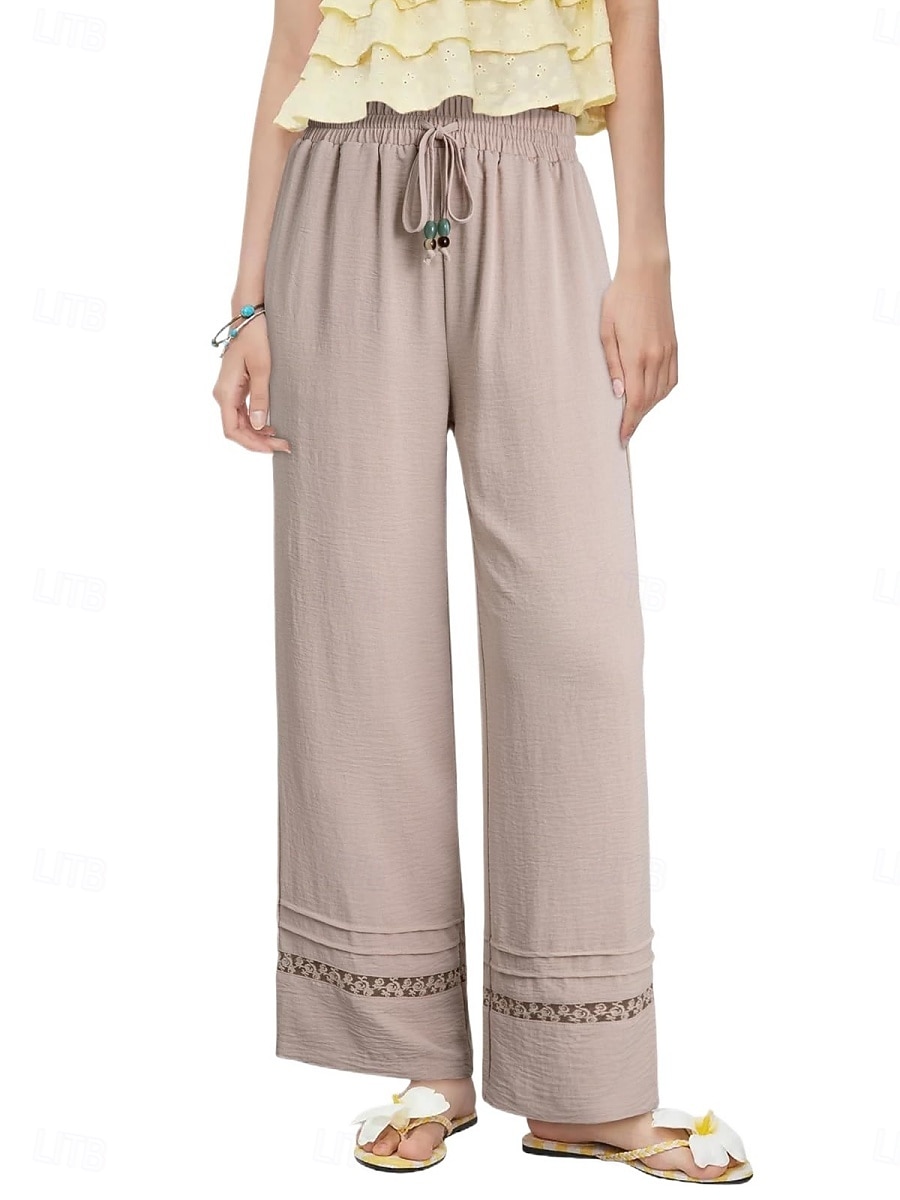 Women's Wide Leg Trousers Casual Pants Vacation Fashion Streetwear Full Length High Waist Plain Lace Elastic Waist Comfortable Breathable Inelastic Daily Vacation Street Black Almond Military Green 2026 - $29.99 –P18