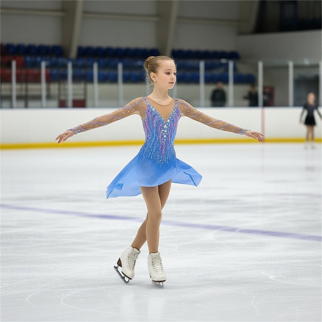 Figure Skating Dress Girls' Ice Skating Dress Sky Blue Patchwork Open Back Stretchy Training Competition Skating Wear Classic Crystal / Rhinestone Long Sleeve Ice Skating Figure Skating 2026 - $316.39 –P2