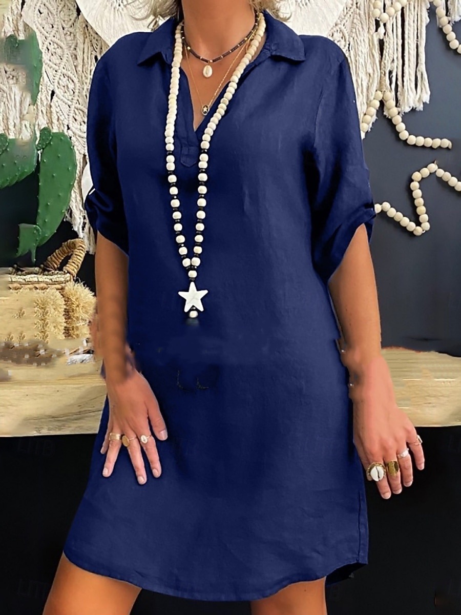 Damskie Sukienka do kolan Sukienka koszulowa Codzienne sukienki Sukienka bawełniana Moda Nowoczesny Na zewnątrz Urlop Wyjściowe Regularny Równina Krótki rękaw W serek Niebieski Czarny Biały Czerwony 2026 - $21.99 –P7