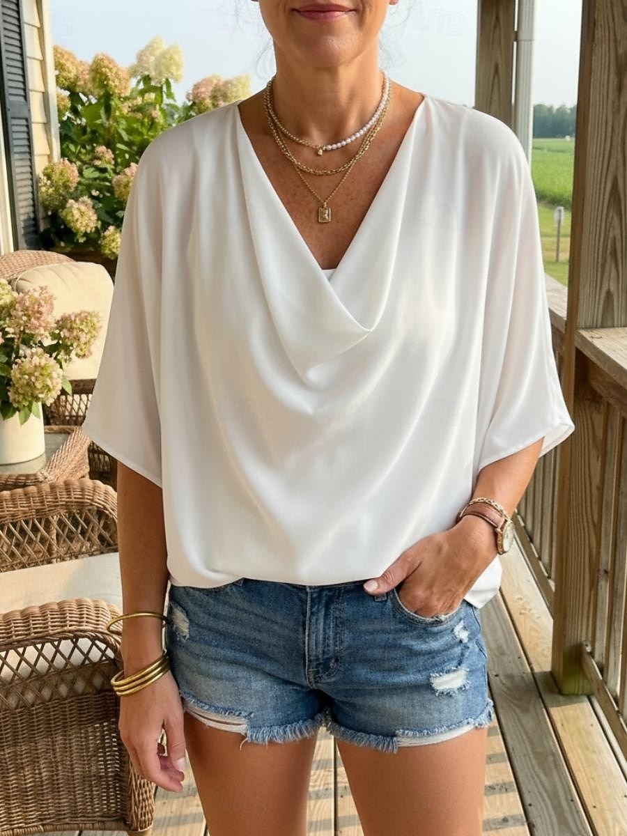 blusa feminina elegante elegante cor sólida franzido manga morcego comprimento 3/4 manga regular tops gola alta trabalho diário preto branco amarelo rosa céu azul verão primavera outono de 2026 por $21.99 –P1