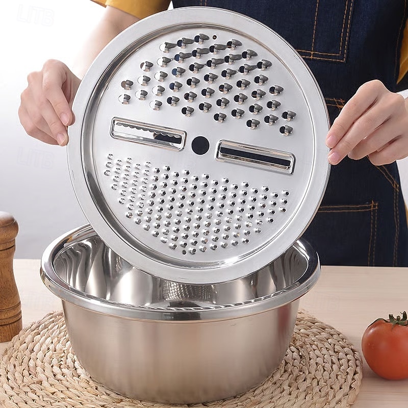 3-delige roestvrijstalen keukenset met geïntegreerde hakmolen, multifunctioneel filter en mengkom, ideaal voor het schoonmaken en snijden van fruit, groenten en kaas, perfect voor thuis koken, 2026 - $21.99 –P5