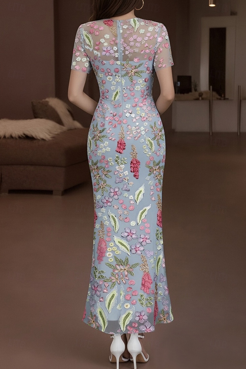 Mermaid Trumpet Ankle Length Cocktail Dresses Elegant Vintage Floral Short Sleeve Crew Neck Wedding Formal Lace with Embroidered Flower 3D Flowers Appliques 2026 - $194.99 –P2
