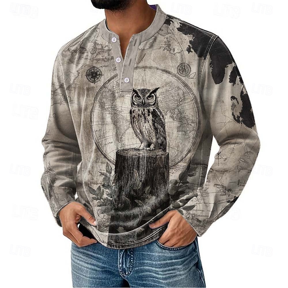 Miesten Kuvitettu Pöllö Henley-paita Pitkähihainen Muoti söpö tyyli Päivittäin Kausaliteetti Pyhäpäivä Bile Syystalvi Kevät Sininen Purppura Khaki Harmaa Henley Henley T-paita 2026 - $22.99 –P4