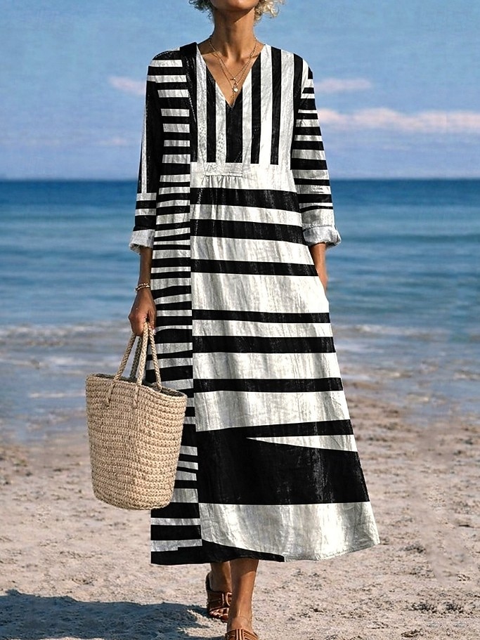 Women's Midi Dress V Neck Long Sleeve Kaftan Lightweight Loose Fit A Line Dress Casual Boho Going out Graphic Geometric Stripe Long Sleeve V Neck Orange red Black Yellow Pink 2026 - $37.99 –P6
