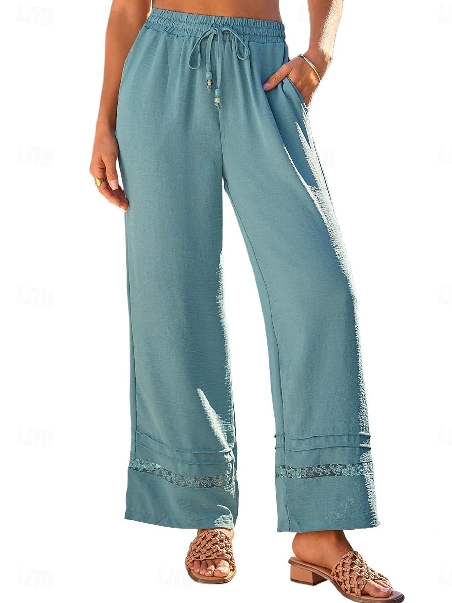 Women's Wide Leg Trousers Casual Pants Vacation Fashion Streetwear Full Length High Waist Plain Lace Elastic Waist Comfortable Breathable Inelastic Daily Vacation Street Black Almond Military Green 2026 - $29.99 –P14
