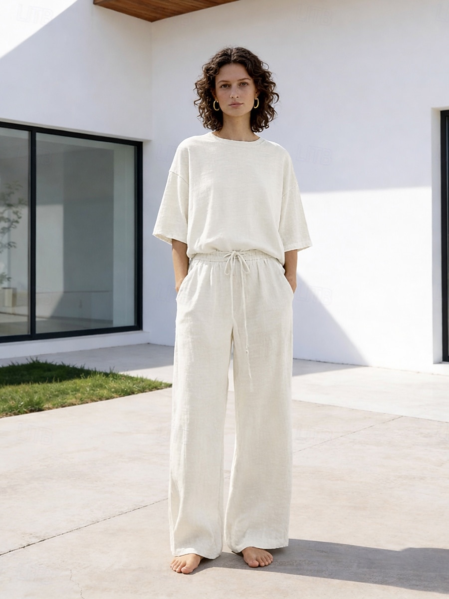 Completo pantaloni da donna in lino al 15%, completo in lino, tinta unita, tasca, elastico in vita, t-shirt, pantalone, casual, a maniche lunghe, girocollo, blu, nero, bianco, blu navy, marrone chiaro, estate, primavera del 2026 a $37.99 –P1