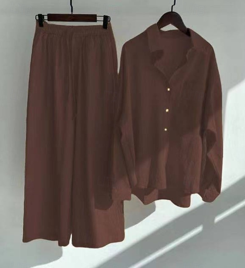 Damen Baumwoll-Leinen Hosen Sets Bolero Oberteil Langarm Hemd Kragen Einfarbig Mode Streetwear Lässig Alltag Draußen Blau Schwarz Weiß Sommer Lockerer Schnitt 2026 - $41.99 –P16