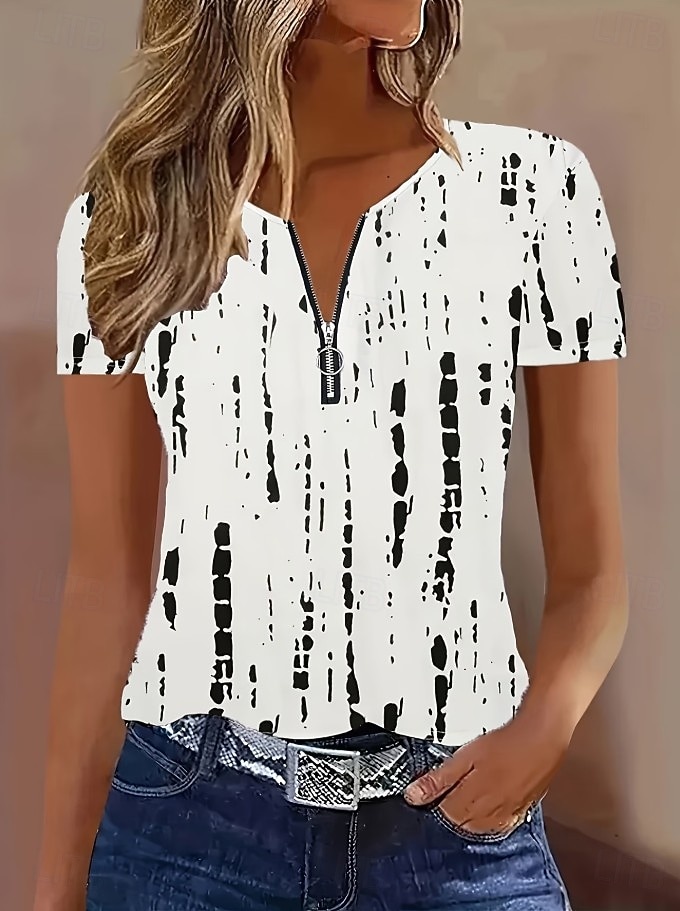 Per donna Maglietta Blocco di colore Zip a un quarto Grafico Geometrico Vintage Tropicale Hawaiano Manica Corta Girocollo Top lunghi Quotidiano Sportivo Uscire Blu Bianco Blu Reale Estate Primavera del 2026 a $21.99 –P3
