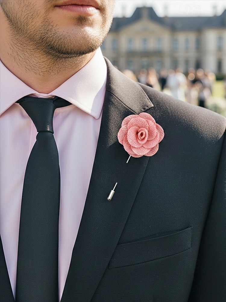 Ręcznie wykonana męska broszka z motywem róży - elegancka butonierka z tkaniny poliestrowej na śluby, dodatki do garniturów pana młodego i drużbów, bale maturalne i imprezy - stylowa broszka z motywem kwiatowym w wielu kolorach 2026 - $7.99 –P1