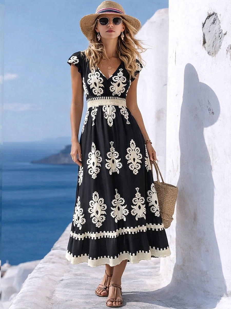 Mulheres Vestido Longo Vestido A Line Casual Ao ar livre Para Noite Normal Floral Manga Curta Decote V Preto Verão Primavera de 2026 por $34.99 –P1