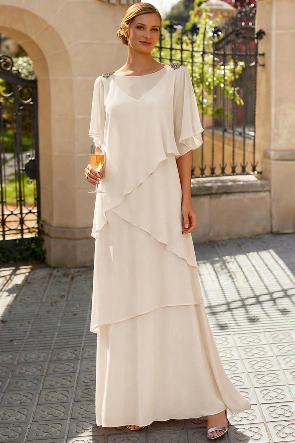 Linea ad A Lunghezza al pavimento Abito da invitata a nozze Abito Formale Abito a Strati Abito da cerimonia per signora Mezza Manica Scollo a Barca Elegante Formale Ospite di nozze Chiffon con Volant del 2026 a $183.99 –P17