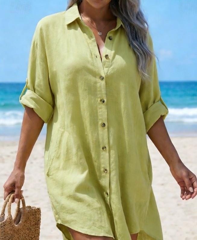 Per donna Finto cotone e lino Elegante Vintage Quotidiano Ferie Uscire Vestibilità comoda Semplice Manica Lunga Colletto a Camicia Bianco Verde Estate Primavera del 2026 a $23.99 –P1