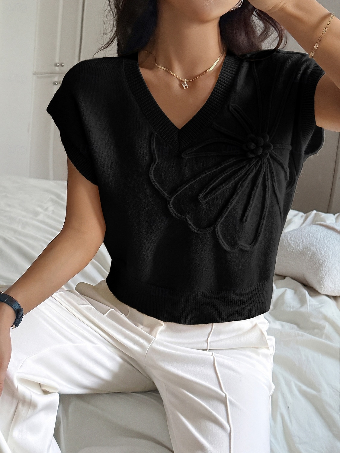 Women's Y2K Knit Tee Elastic Waist 3D Appliques Solid Color Floral Graphic Elegant Cute Stylish Short Sleeve Cap Sleeve V Neck Regular Tops Daily Going out Black Yellow Summer Spring Fall 2026 - $41.99 –P6