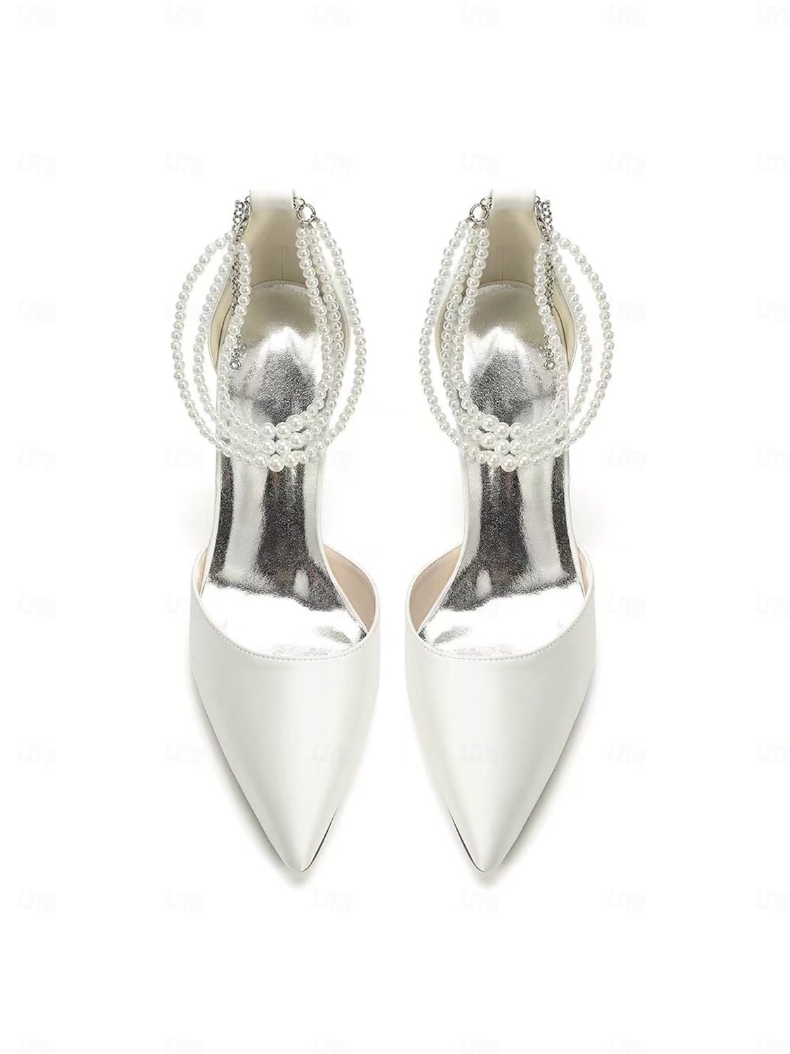 Женские серебристые атласные туфли на каблуке с острым носком и жемчужными ремешками на щиколотке, элегантные свадебные туфли для пляжной свадьбы. 2026 - $54.99 –P4