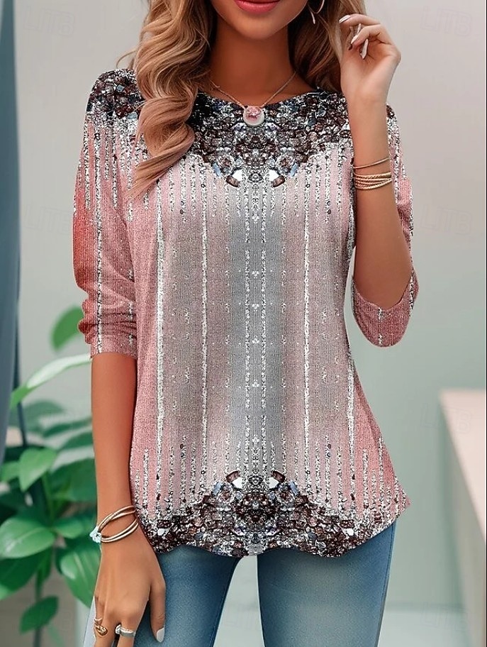 Женская футболка Boho с градиентным графическим рисунком винтажная мода стильная с длинными рукавами обычный воротник повседневная выходная печать фиолетовая летняя весенне-осенняя 2026 - $24.99 –P3