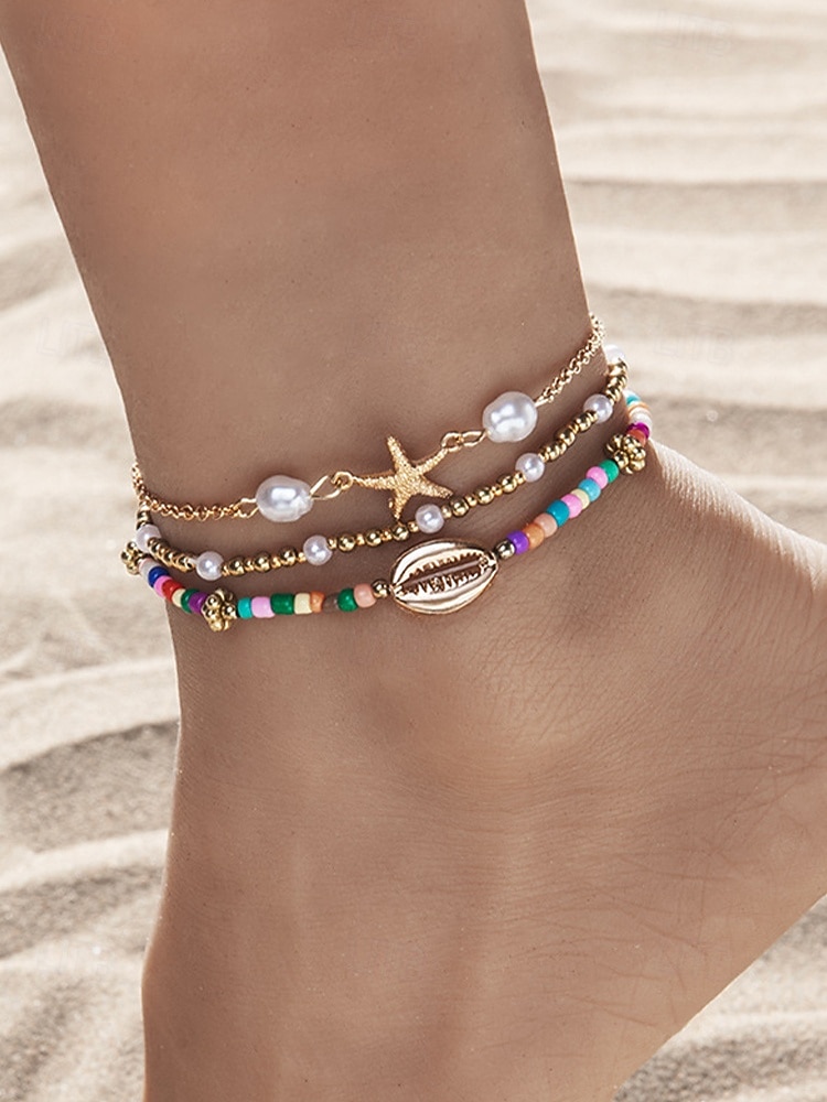 Dámské vícebarevné bohémské náramky na kotník z pryskyřice a slitiny, perleťový a mušlový design, ideální na dovolenou, běžné nošení. 2026 - $7.99 –P6