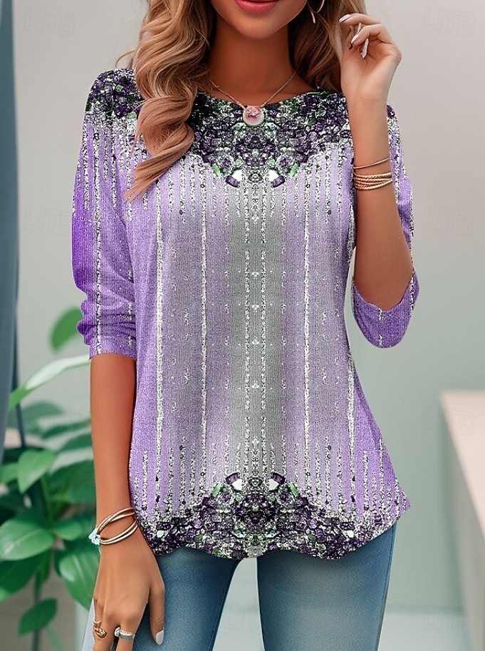 Женская футболка Boho с градиентным графическим рисунком винтажная мода стильная с длинными рукавами обычный воротник повседневная выходная печать фиолетовая летняя весенне-осенняя 2026 - $24.99 –P2