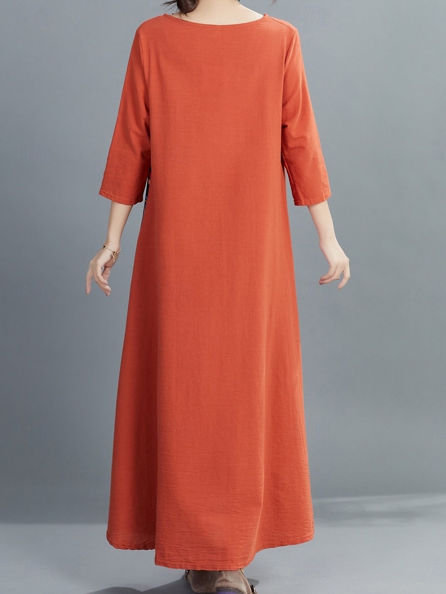 Robe maxi en lin pour femme faux coton robe décontractée coupe ample graphique floral manches 3/4 col rond noir jaune rouge violet été printemps de 2026 ? $22.99 –P4