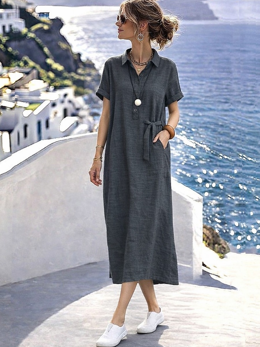 Per donna Abito maxi Abito a trapezio Abito Estivo Casual Quotidiano Vestibilità regolare Semplice Manica Corta Bavero Nero Grigio scuro Verde militare Estate del 2026 a $24.99 –P6